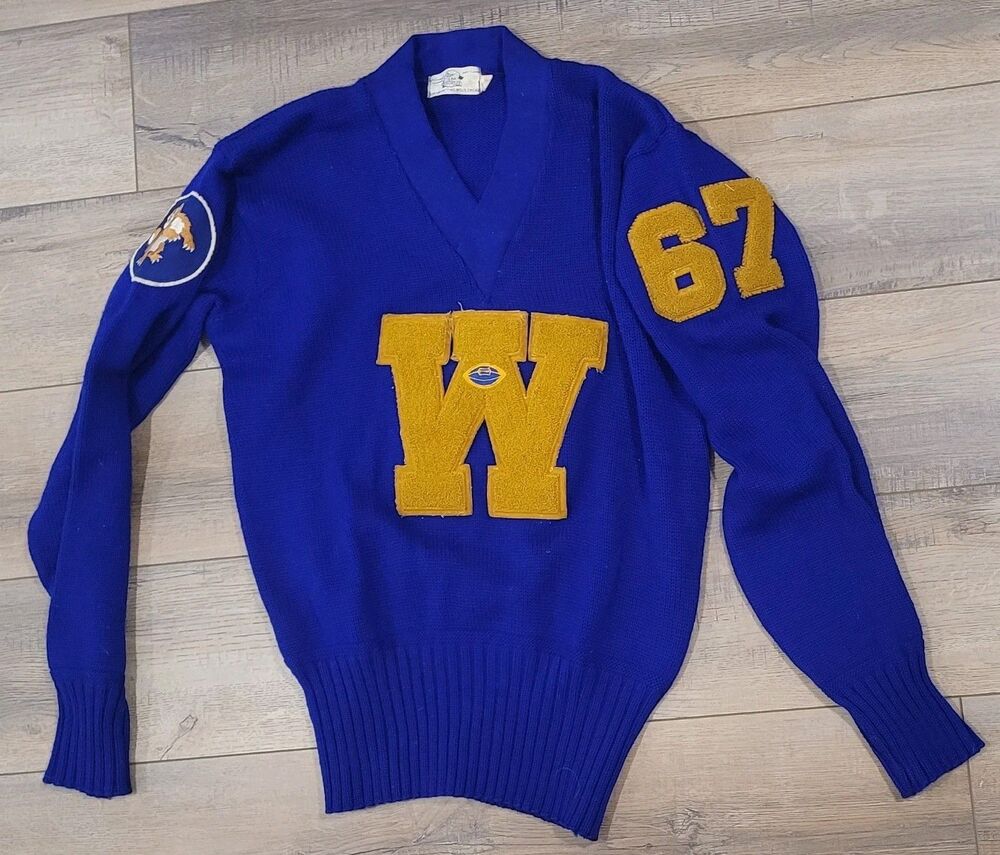50s 60s New Era Wool Blue Pullover Sweatshirt Football "W" 67 & Mascot Patch 46